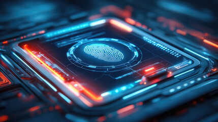 Obraz premium Demonstrating digital fingerprint scanner on futuristic privacy pad technology illustration in futuristic lab environment from a close-up viewpoint