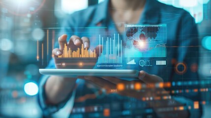 A close-up of hands holding a digital tablet with sales report displayed, showing real-time order processing and updates