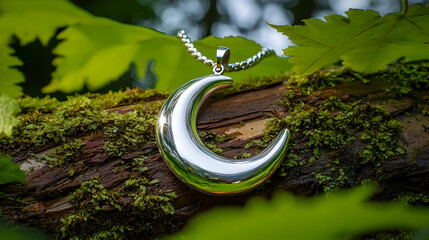 Crescent moon pendant necklace in forest, nature background, jewelry photography, website banner