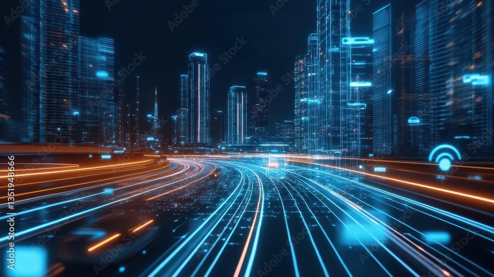Poster futuristic cityscape with glowing digital lines and data visualization.