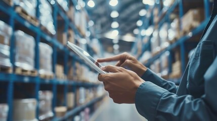 A professional photo of a logistics manager using a digital tablet to coordinate eCommerce fulfillment operations in a modern warehouse facility.