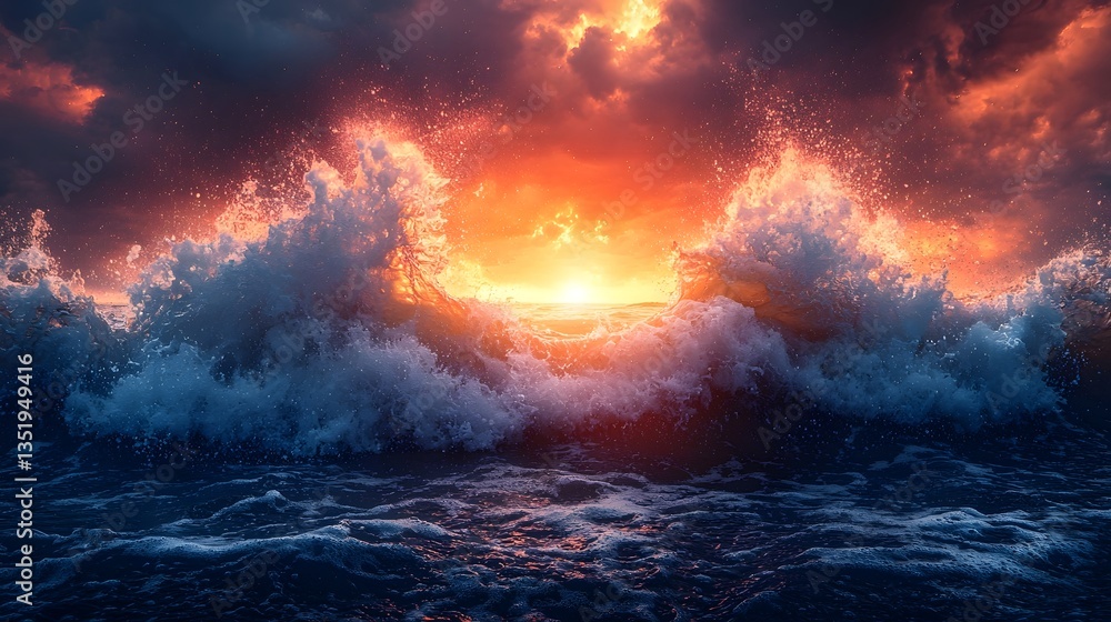 Aufkleber crashing ocean waves against rugged rocks creating a vibrant rainbow in the mist