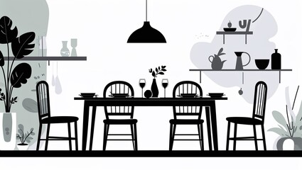 A dining table set for two in Black characters and objects on a white background