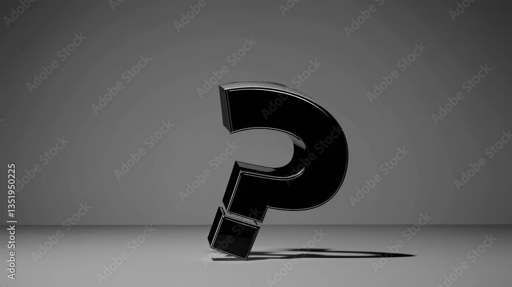 Poster minimalist video concept with a 3d black question mark floating in a white space. shot from a low an