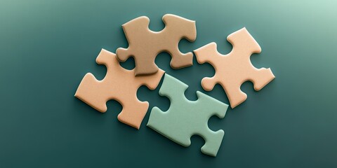 Fototapeta premium Puzzle pieces in a cozy mix of earthy tones, such as sage green, light brown, and soft peach, interlocking on a dark teal background