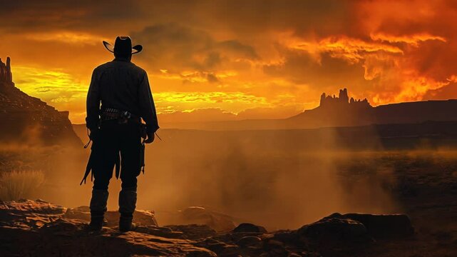 Cowboy Sunset Silhouette Vector Illustration of Western Duel at Desert Beach