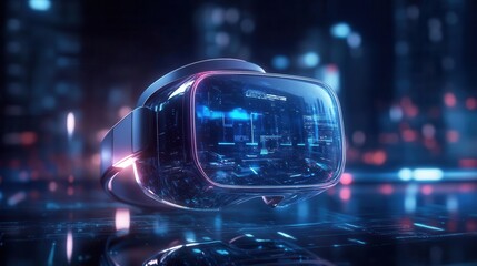 Futuristic VR headset with glowing lights and a city skyline in the background.