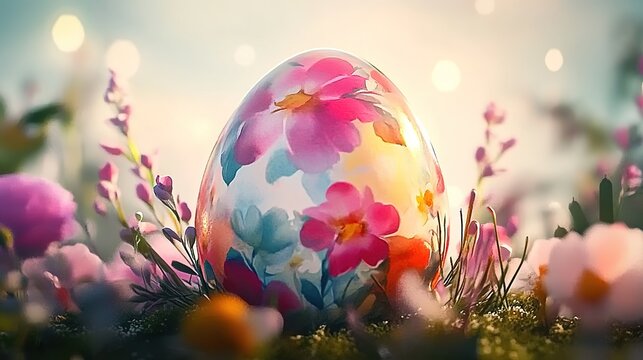 Whimsical 3D Easter egg with dynamic watercolor flower explosions in neon-bright palette, cinematic depth of field and magical particle effects. Photorealistic Octane rendering in 12K resolution for a