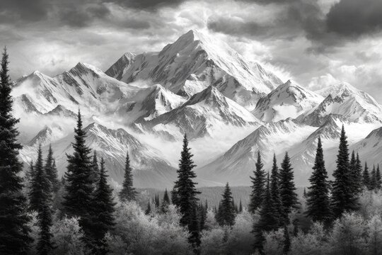 Majestic snow-capped mountain range, forest foreground, dramatic sky, nature calendar