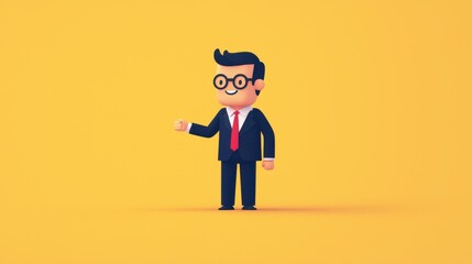 Obraz premium Cartoon character in formal attire waving with a friendly smile against a vibrant yellow background, perfect for business or greeting concepts