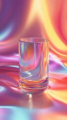 A clear glass cup reflects light against a colorful background
