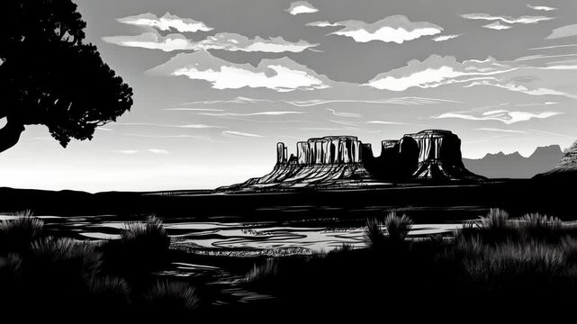 Sunset Sky Over Ocean Beach Landscape with Cowboy and Western Theme Elements