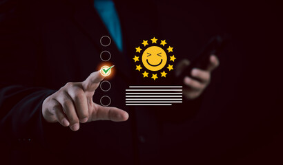 Customer review and satisfaction concept with digital feedback icons. Businessman touches virtual...