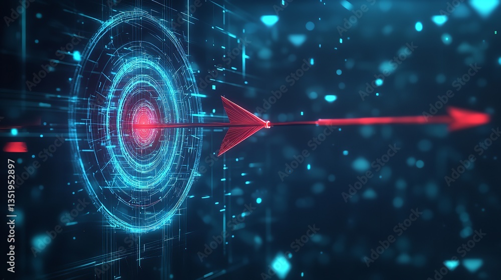 Poster red arrow hitting a blue target with glowing particles in a dark digital abstract background
