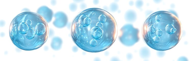 Set of blue collagen serum drops with water molecule cell structure render