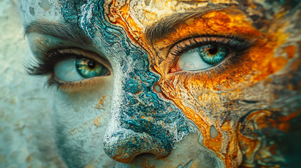 Close up of a face with textured blue and orange paint covering half the face and bright eyes