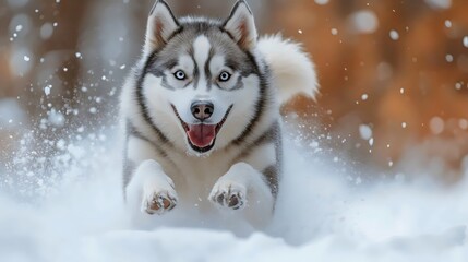 Naklejka premium A dog is running in the snow with its tongue out