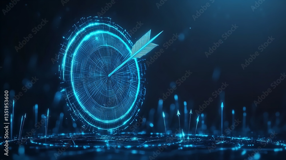 Poster glowing blue target with arrow in the center and smaller arrows pointing upwards on a dark backgroun