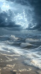 Obraz premium Cloudy Sky And Rough Seas Over A Sandy Shoreline