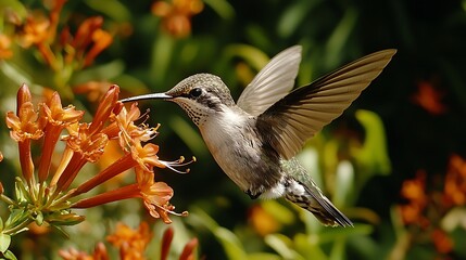 Fototapeta premium Hummingbird in flight feeding on orange flowers.