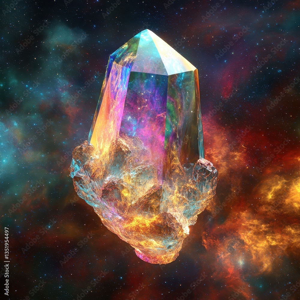 Poster a luminous crystalline structure floats within a vibrant nebula setting