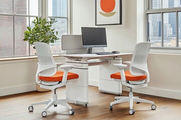 Modern office workspace with adjustable height desk, ergonomic chairs, and ample natural light.