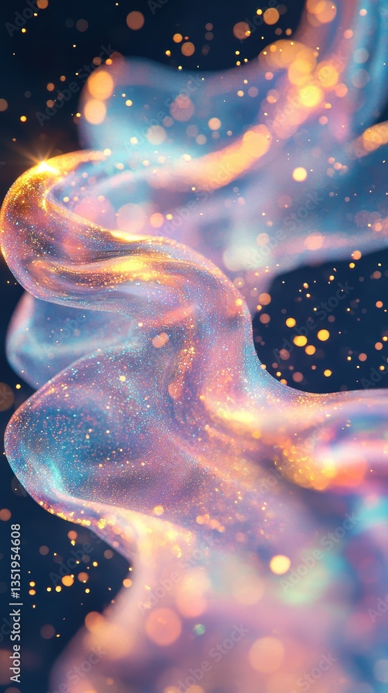 Poster an abstract flowing ribbon with shimmering colors and particles
