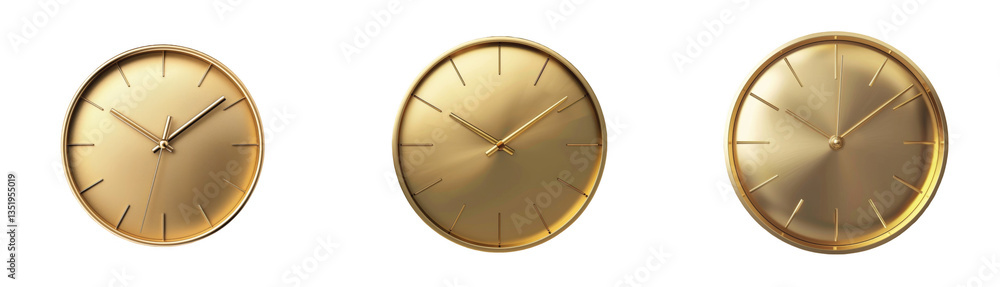Poster elegant trio of gold clocks displaying different times with sleek minimalistic design