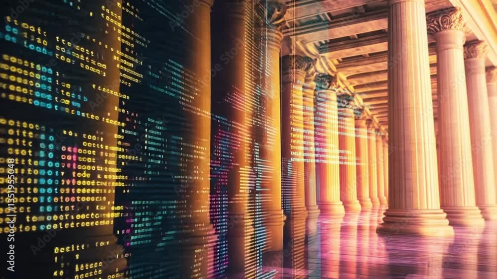 Poster vibrant digital art featuring columns and abstract patterns