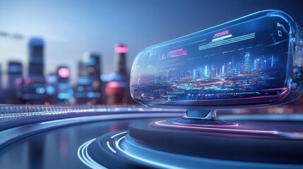 Futuristic HUD display with city skyline in the background.