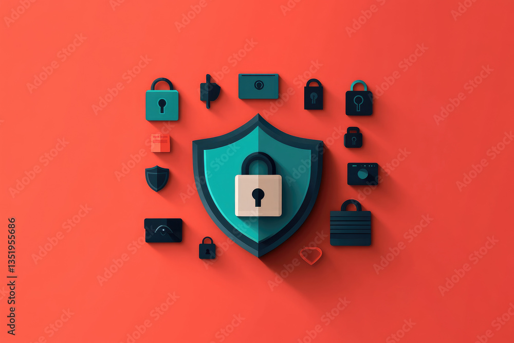 Poster protecting online identity with a shield and padlock flat design illustration in a digital environme