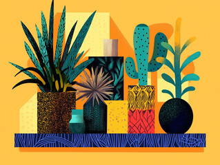 Colorful Illustration of Cacti and Succulents in a Geometric Style, with Vibrant Colors, Home Decoration Inspiration