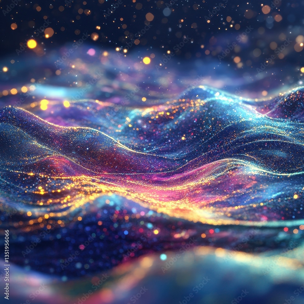 Poster sparkling abstract waves of color in a deep dark background