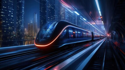 Fototapeta premium Futuristic high-speed train traveling through a modern city at night.