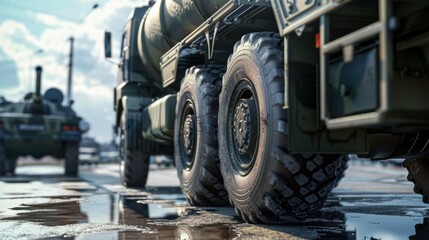 Military Vehicles Wet Road Showcasing