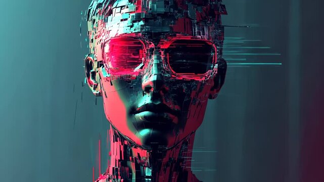 Futuristic Cyberpunk Woman Portrait in Vibrant Neon Sunglasses and Glamorous Style