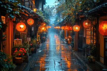 Rain-slicked street, lanterns glow, old buildings.  Mystic ambiance