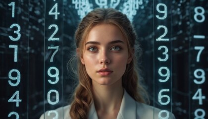 Futuristic woman with glowing digital numbers.