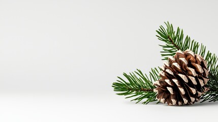 Brown Pine Cone and Evergreen Branch on White Background