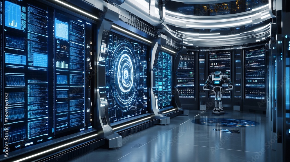 Poster futuristic server room with advanced ai robot