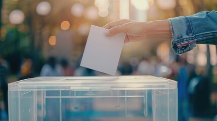 Voter's hand dropping a paper ballot into a transparent ballot box during an election.