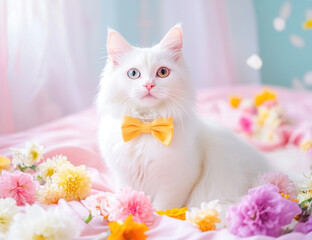A fluffy white cat with a yellow bow tie sits gracefully among colorful flowers on a soft pink backdrop, radiating charm