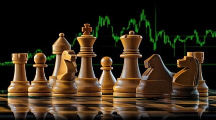 Chess pieces on board with financial chart