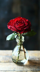 Fototapeta premium Single red rose in glass vase on wooden table, dark background; romantic, Valentine's Day, greeting card