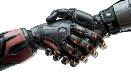 Futuristic robot hands engaged in handshake, symbolizing partnership and technological advancement. Ideal for tech, innovation, and future-oriented projects focused on collaboration.