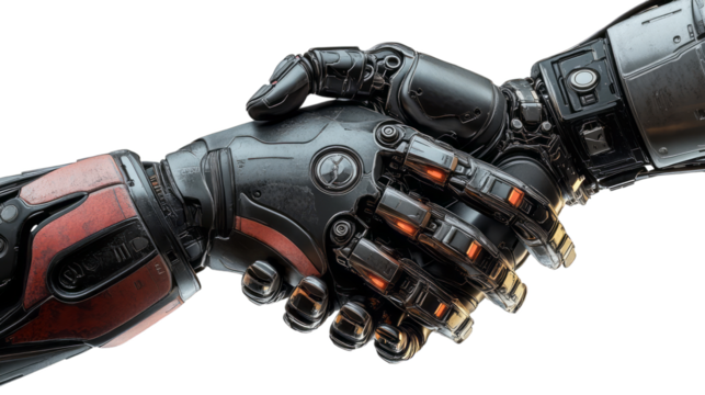 Futuristic robot hands engaged in handshake, symbolizing partnership and technological advancement. Ideal for tech, innovation, and future-oriented projects focused on collaboration.