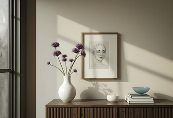 Still life with flowers portrait and books in a minimalist setting