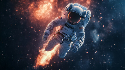 Astronaut floating in space with nebula and stars in the background with american flag on suit
