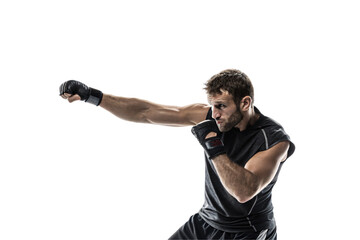 A determined martial artist in black workout gear delivers a powerful punch. His clenched fists and focused gaze show intense concentration, speed, isolated on a transparent background