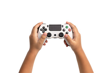 A pair of young hands grips a white gaming controller. The controller has black buttons, joysticks, and a touchpad, isolated on a transparent background